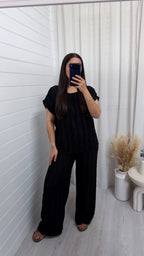 Frill Tiered T-Shirt and Wide Leg Trousers Co-Ord - BLACK