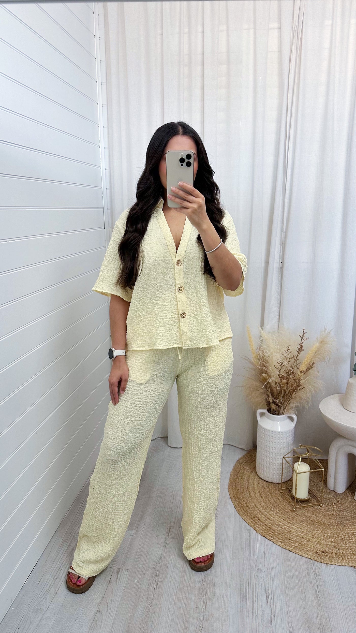Cheesecloth Gold Button Shirt and Trousers Co-Ord - LEMON