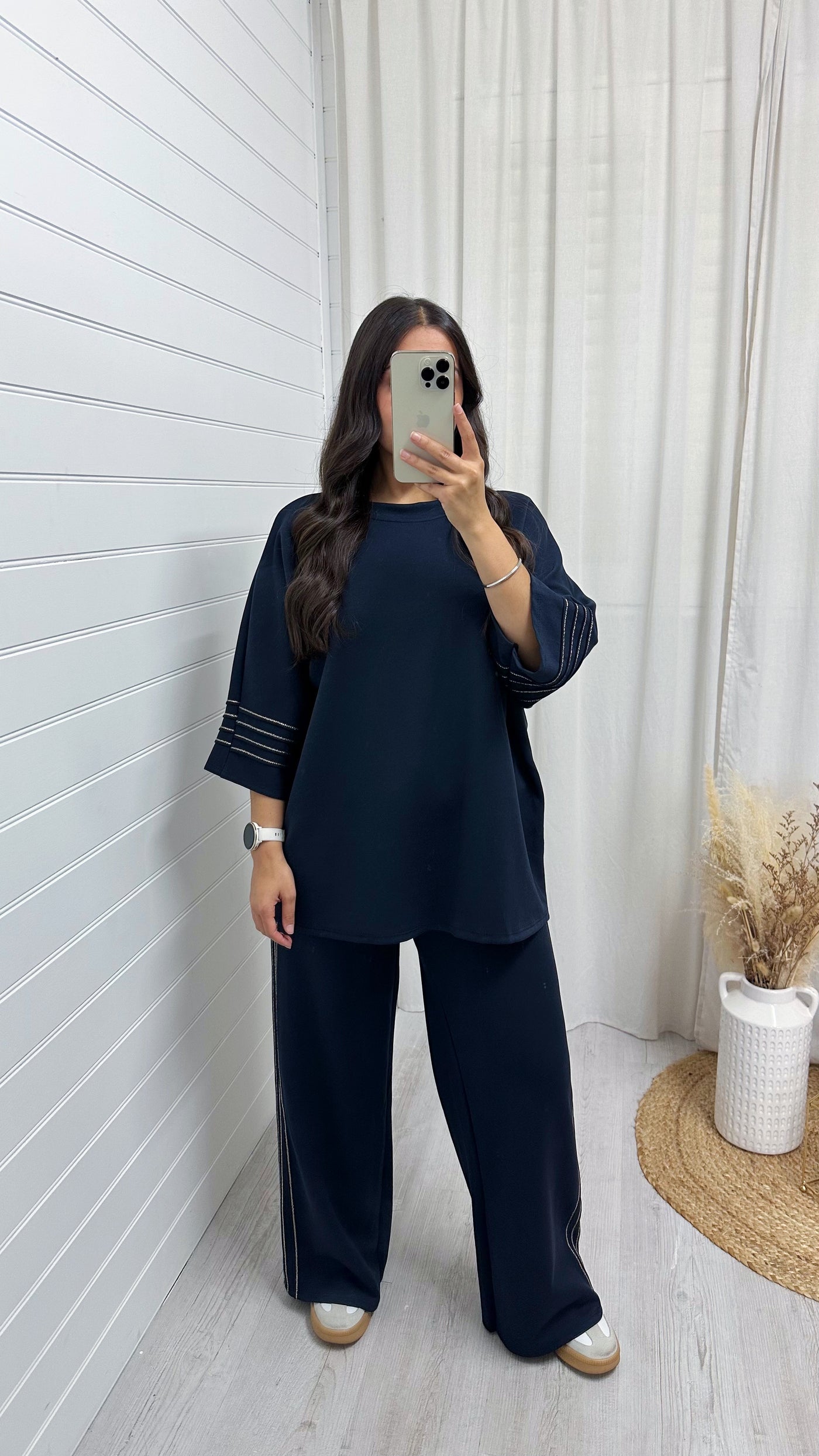 Gold Stripe Oversized Top and Wide Leg Trousers Co-Ord - NAVY