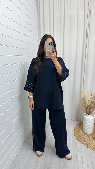Gold Stripe Oversized Top and Wide Leg Trousers Co-Ord - NAVY