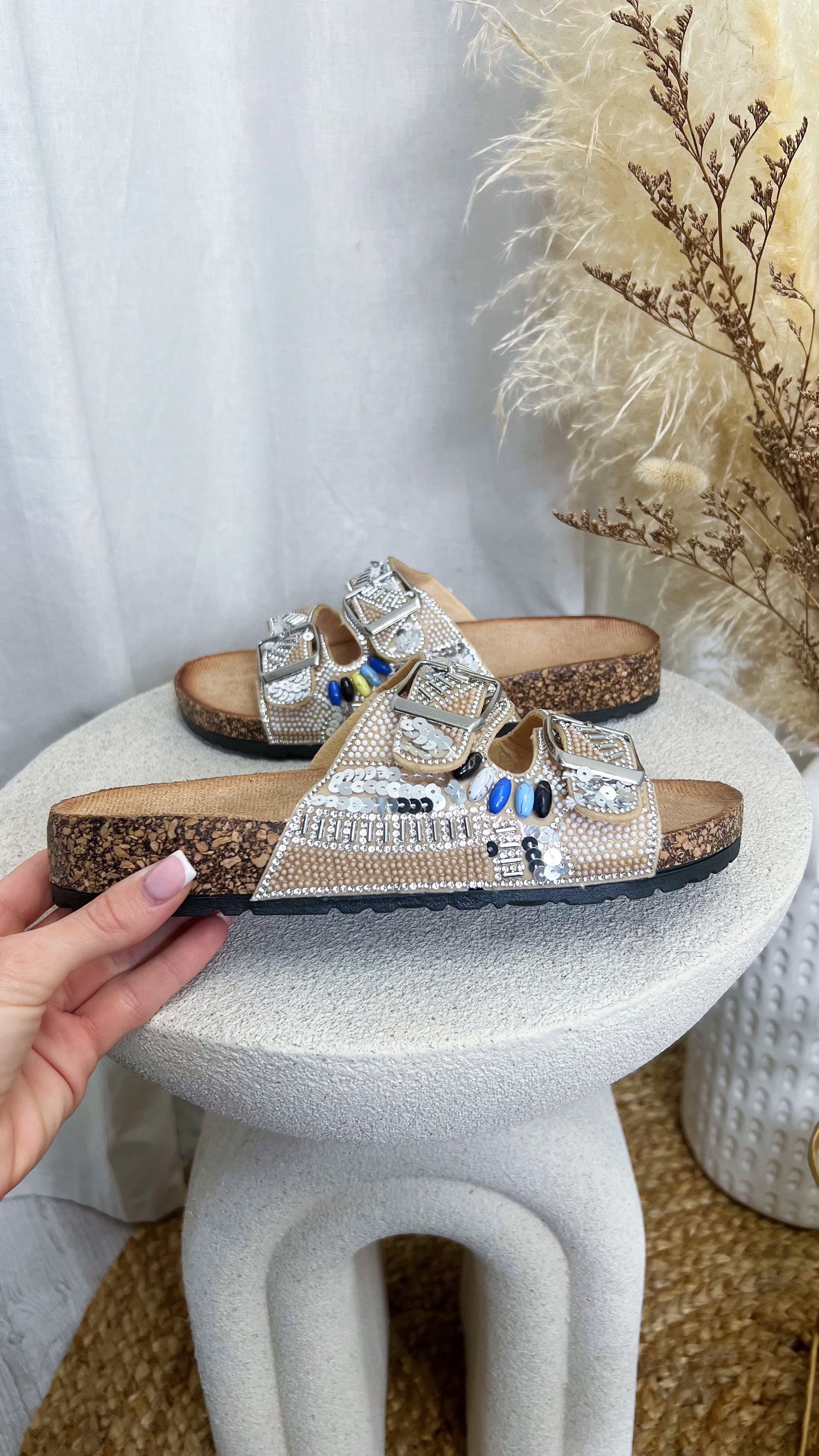 Boho Beaded Silver Buckle Sliders - BEIGE