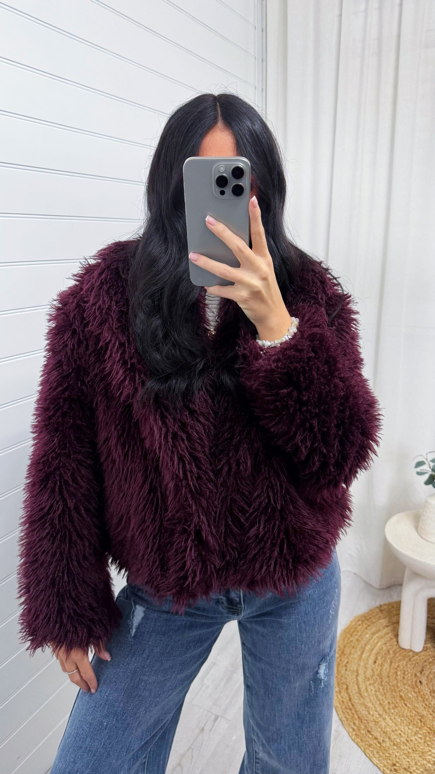 Premium Feather Faux Fur Jacket - WINE