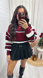 Cropped Knit Stripey Jumper - MAROON