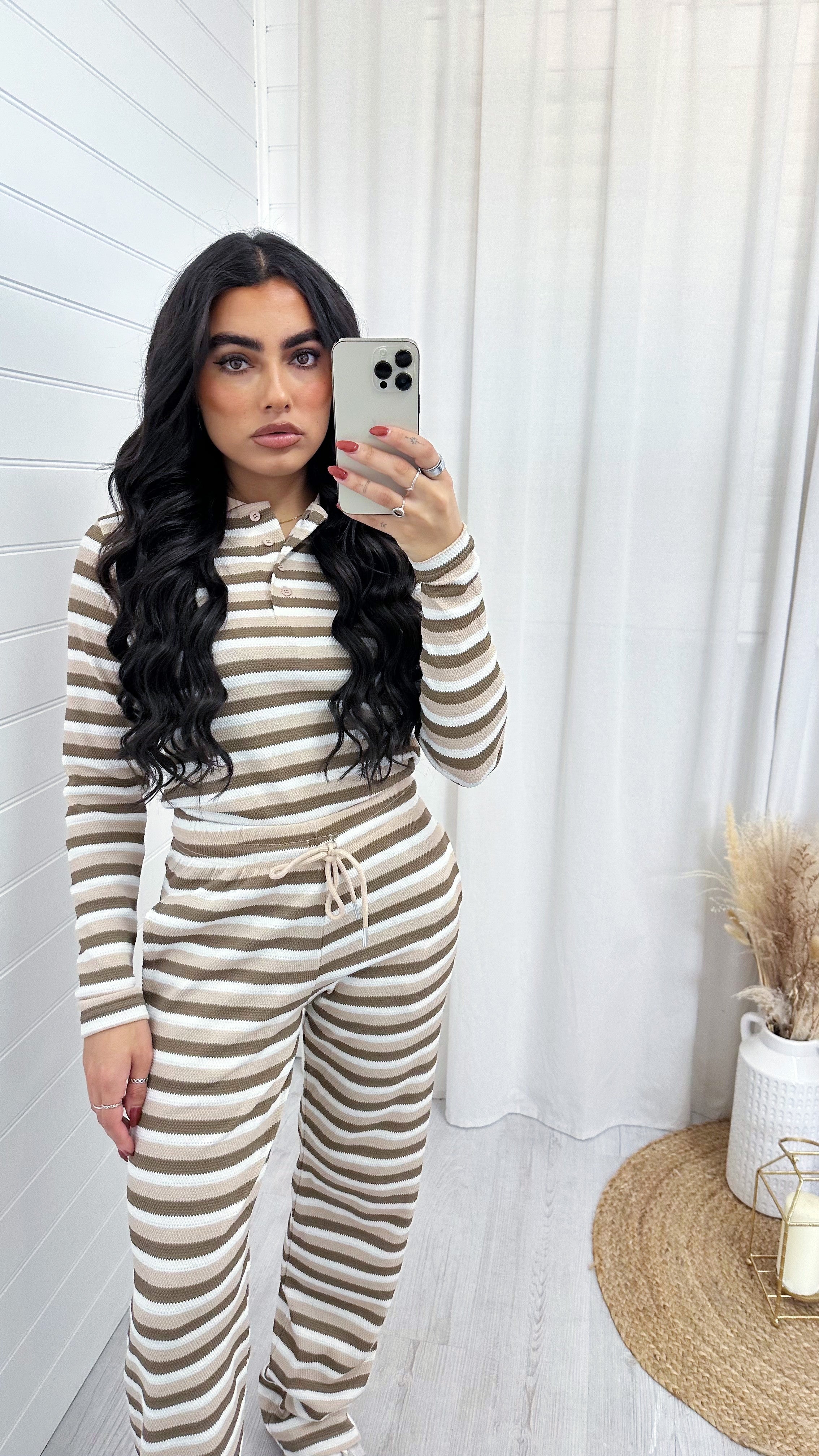 Woven Knit Stripey Top and Trousers Co-Ord - BROWN/BEIGE