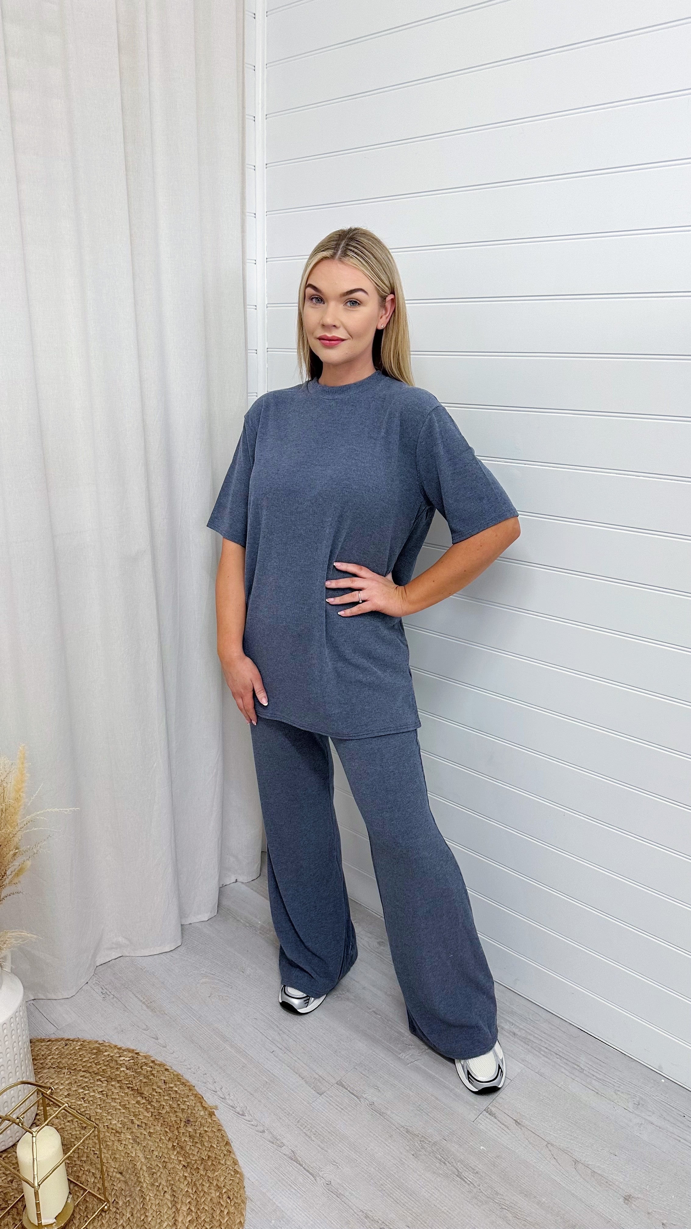 PLUS Soft Premium Ribbed T-Shirt and Straight Leg Trousers Co-Ord - DENIM BLUE