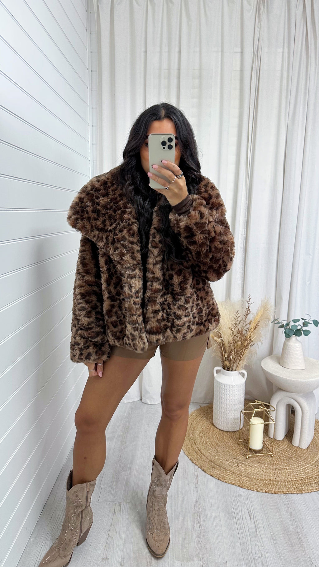 Leopard Print Faux Fur Lapel Coat