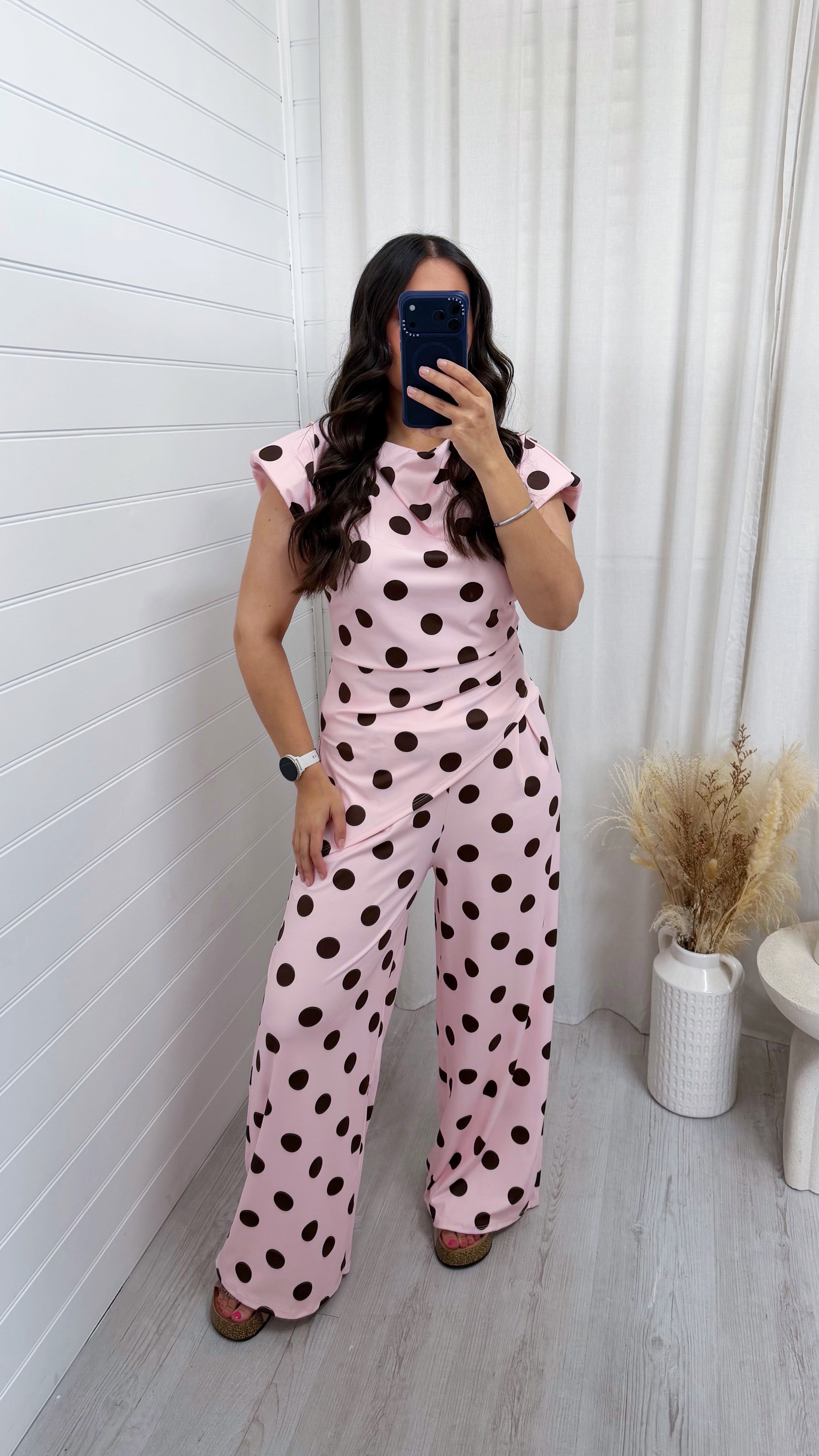 Asymmetric Polka Dot Ruched Top and Trousers Co-Ord - PINK/BROWN