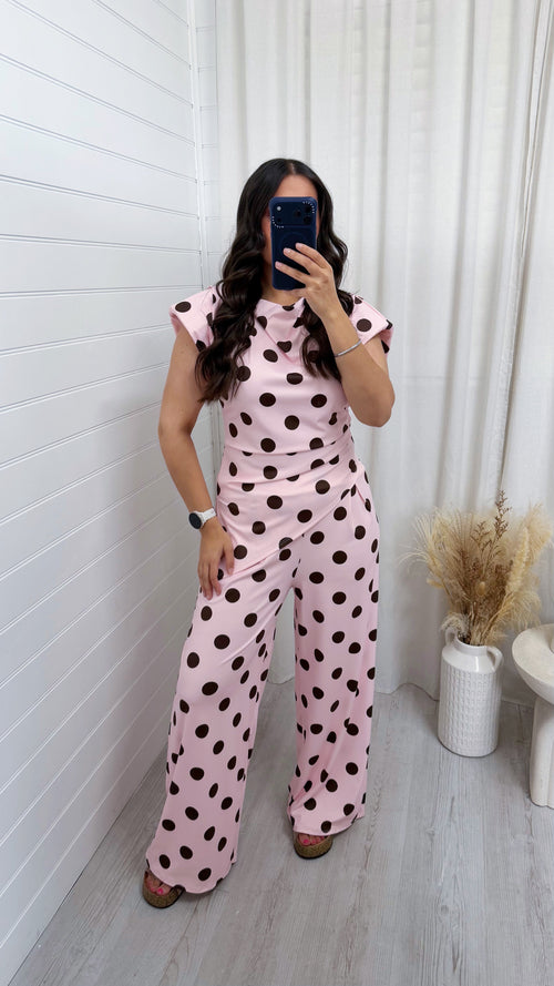 Asymmetric Polka Dot Ruched Top and Trousers Co-Ord - PINK/BROWN