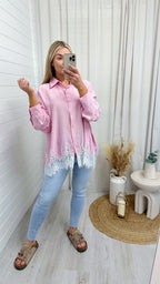 Lace Hem Crinke Shirt - PINK