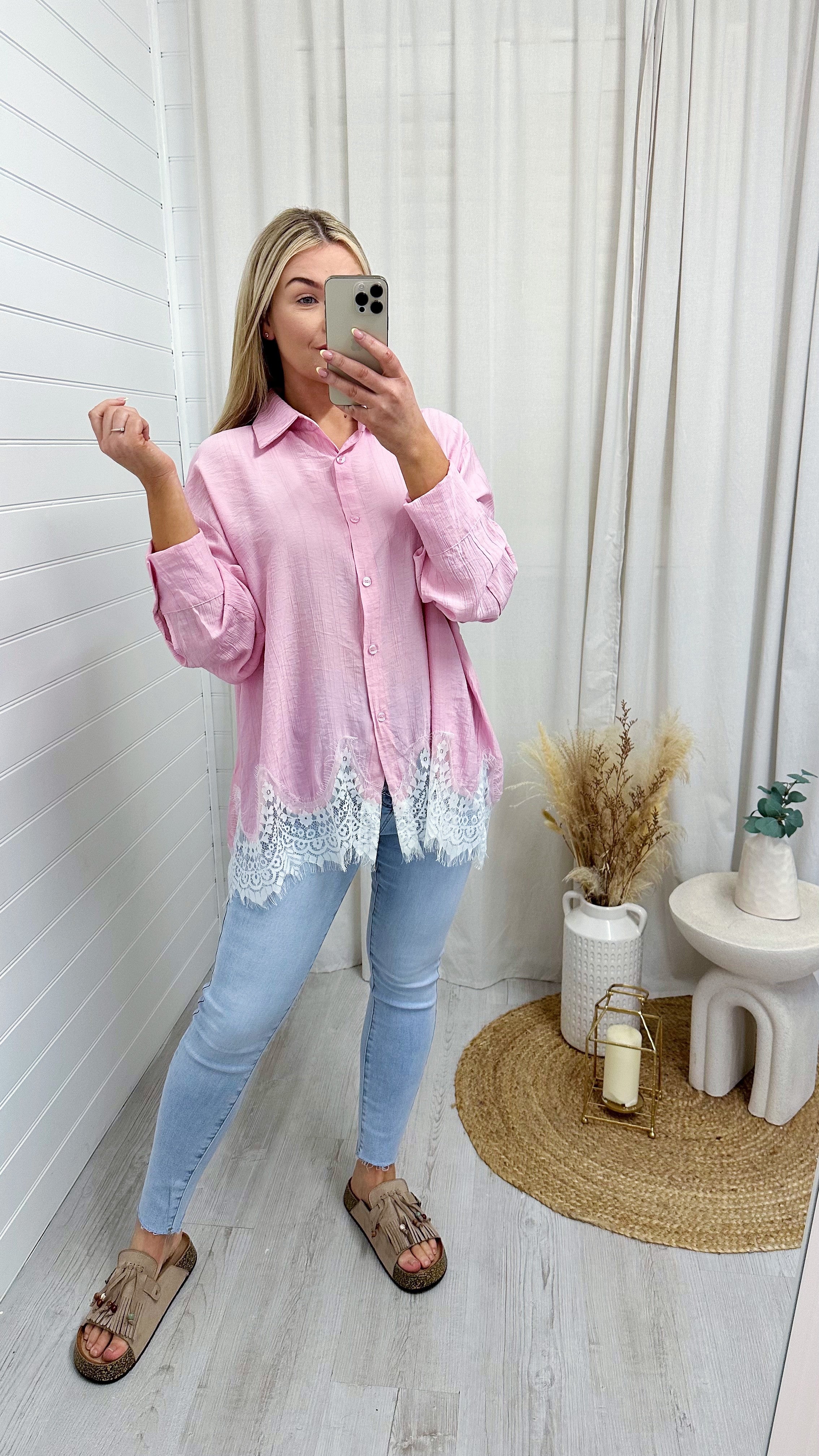 Lace Hem Crinke Shirt - PINK