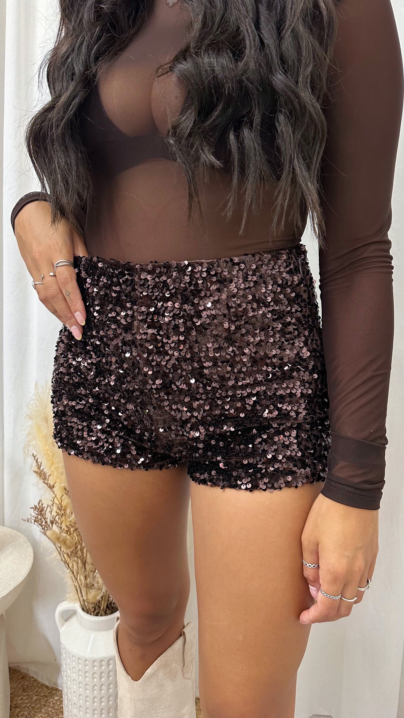 Sequin Velvet High Waisted Shorts - BROWN