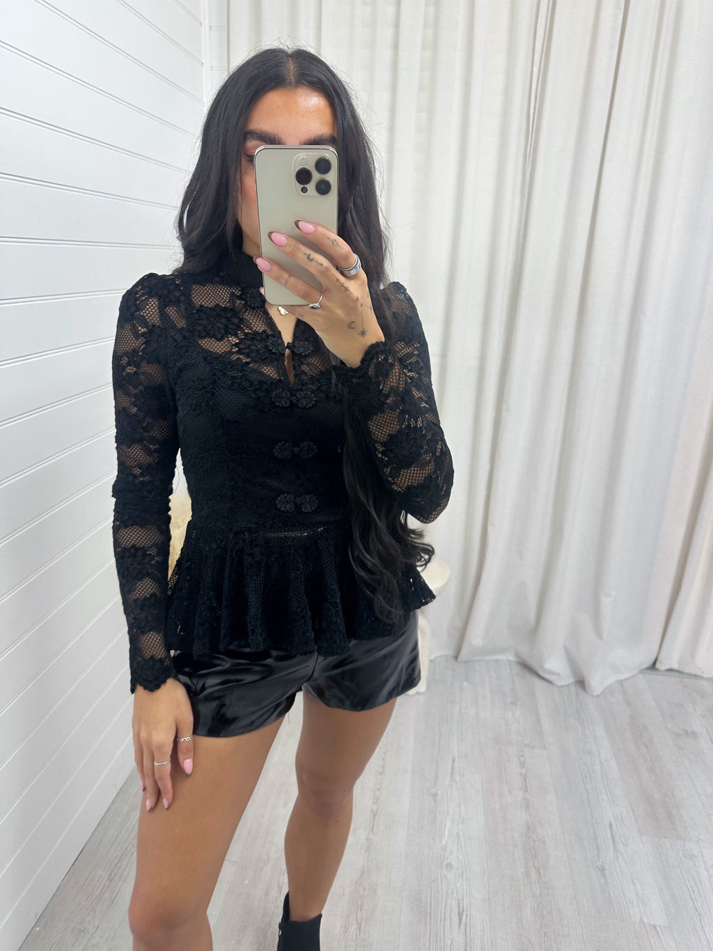 Manderin Neck Long Sleeve Lace Top - BLACK