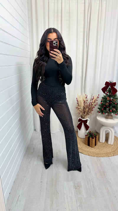 Rhinestone Mesh Flare Trousers - BLACK