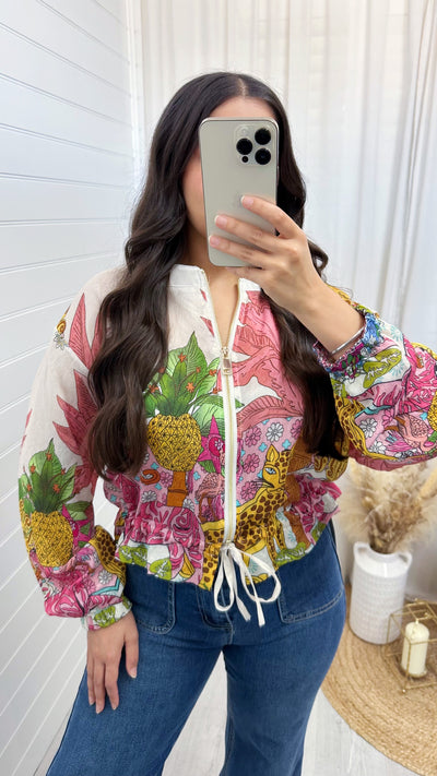 Floral Print Chiffon Bomber Jacket - PINK