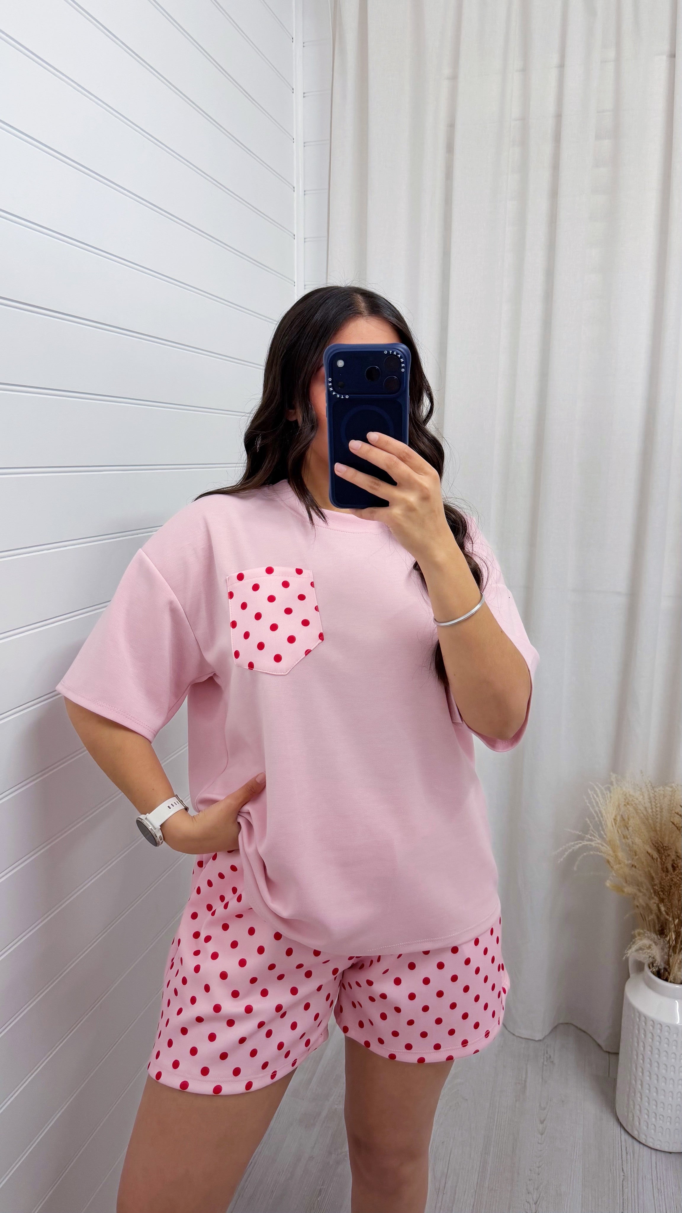 Polka Dot Baggy T-Shirt and Shorts Co-Ord - BABY PINK