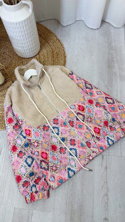 Moroccan Print Teddy Fur Bomber Jacket - PINK