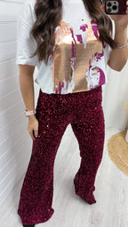 Velvet Sequin Flare Trousers - WINE