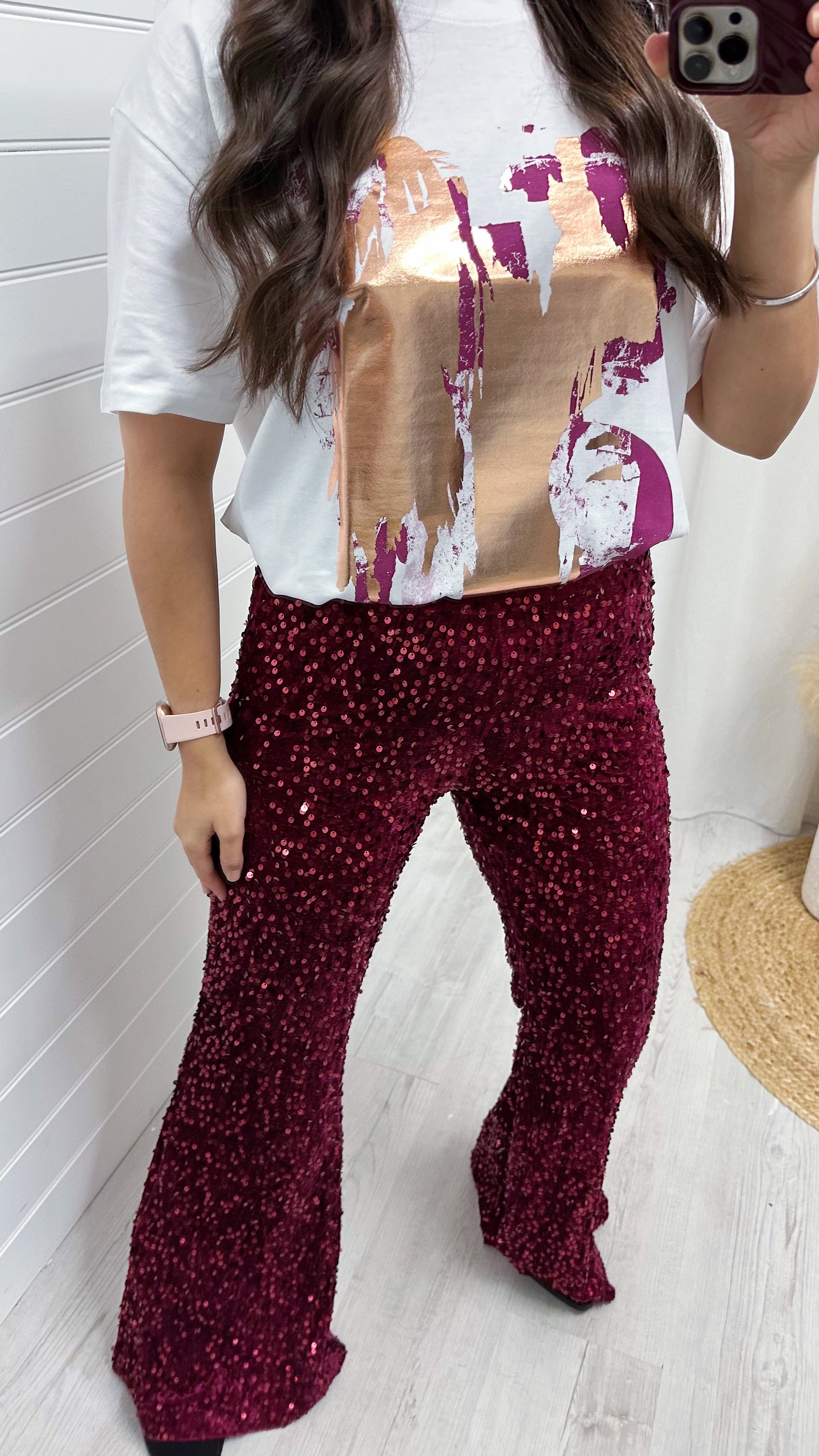 Velvet Sequin Flare Trousers - WINE