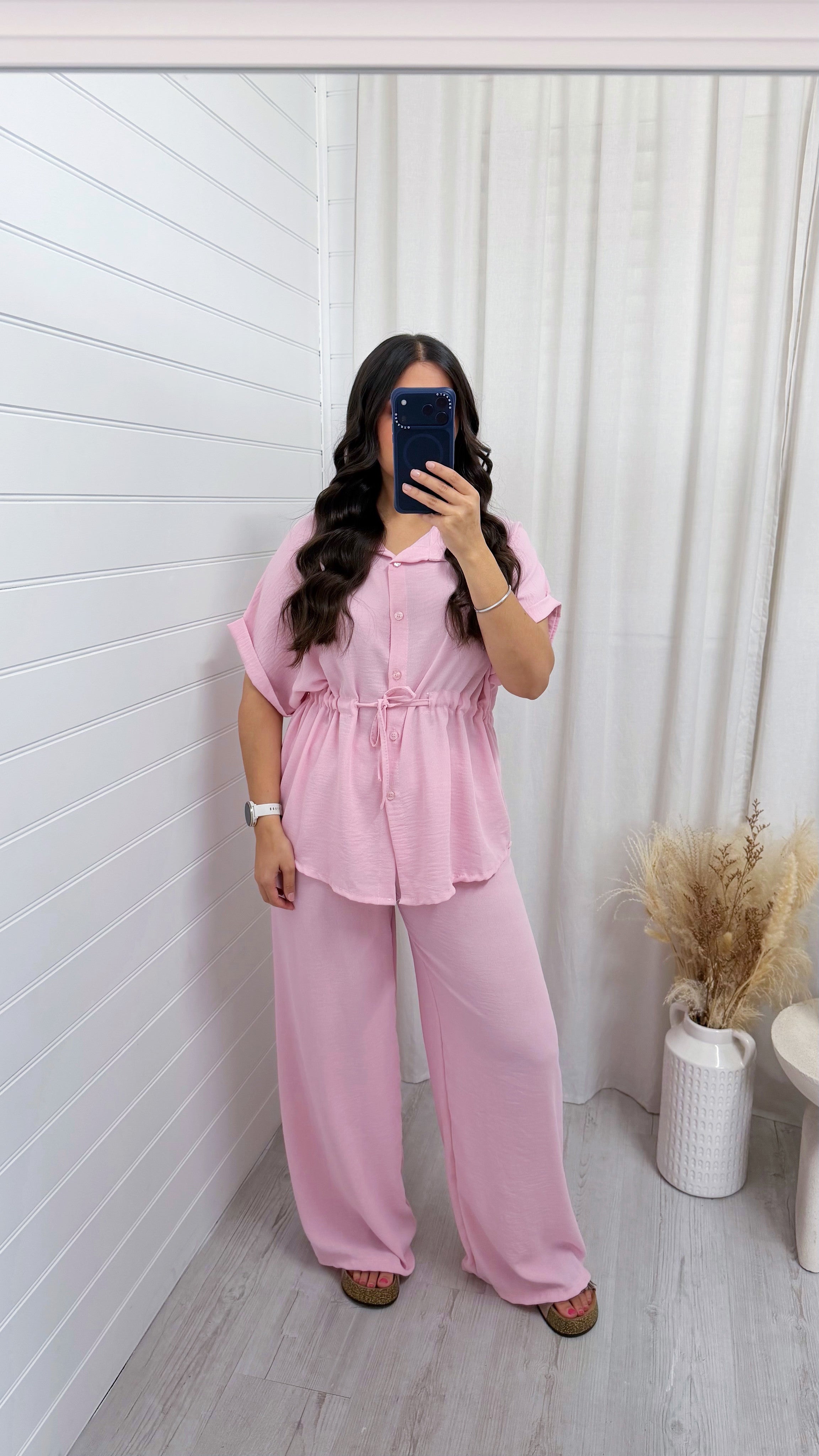Cinched Shirt and Trousers Co-Ord - BABY PINK