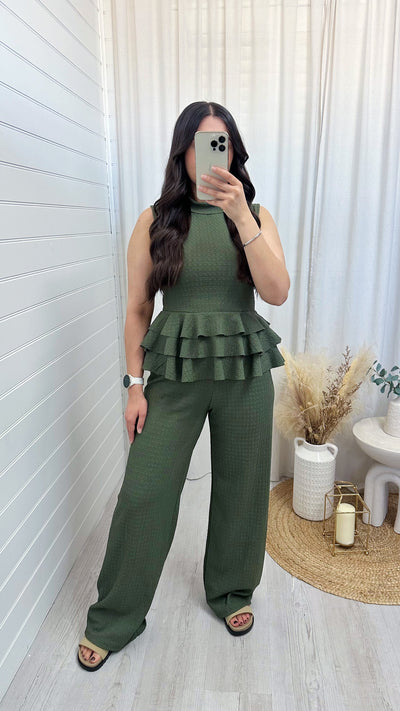 Peplum Frill Tiered Vest Top and Trousers Co-Ord - KHAKI