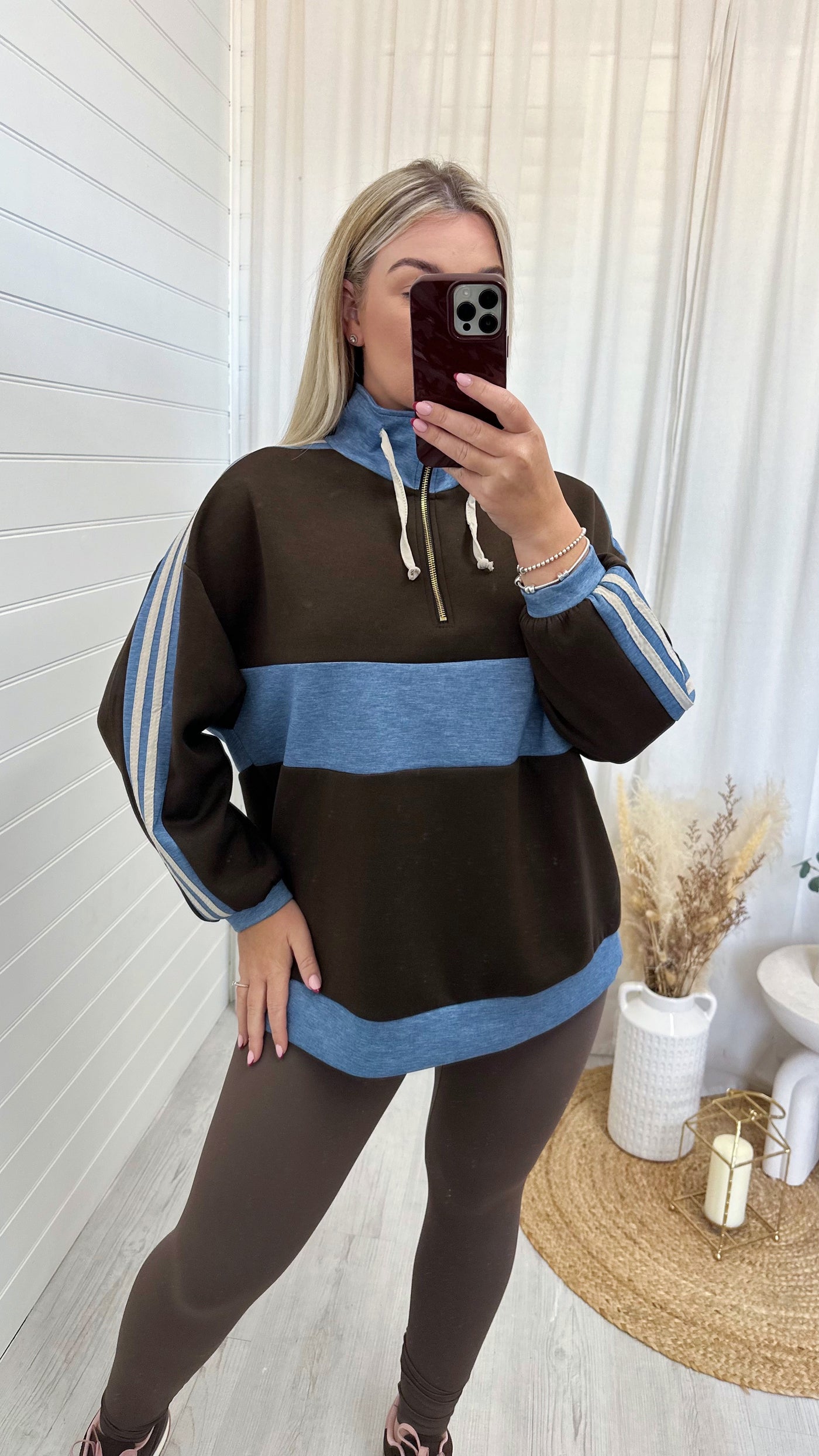 Colour Block Half Zip Sweatshirt - BROWN
