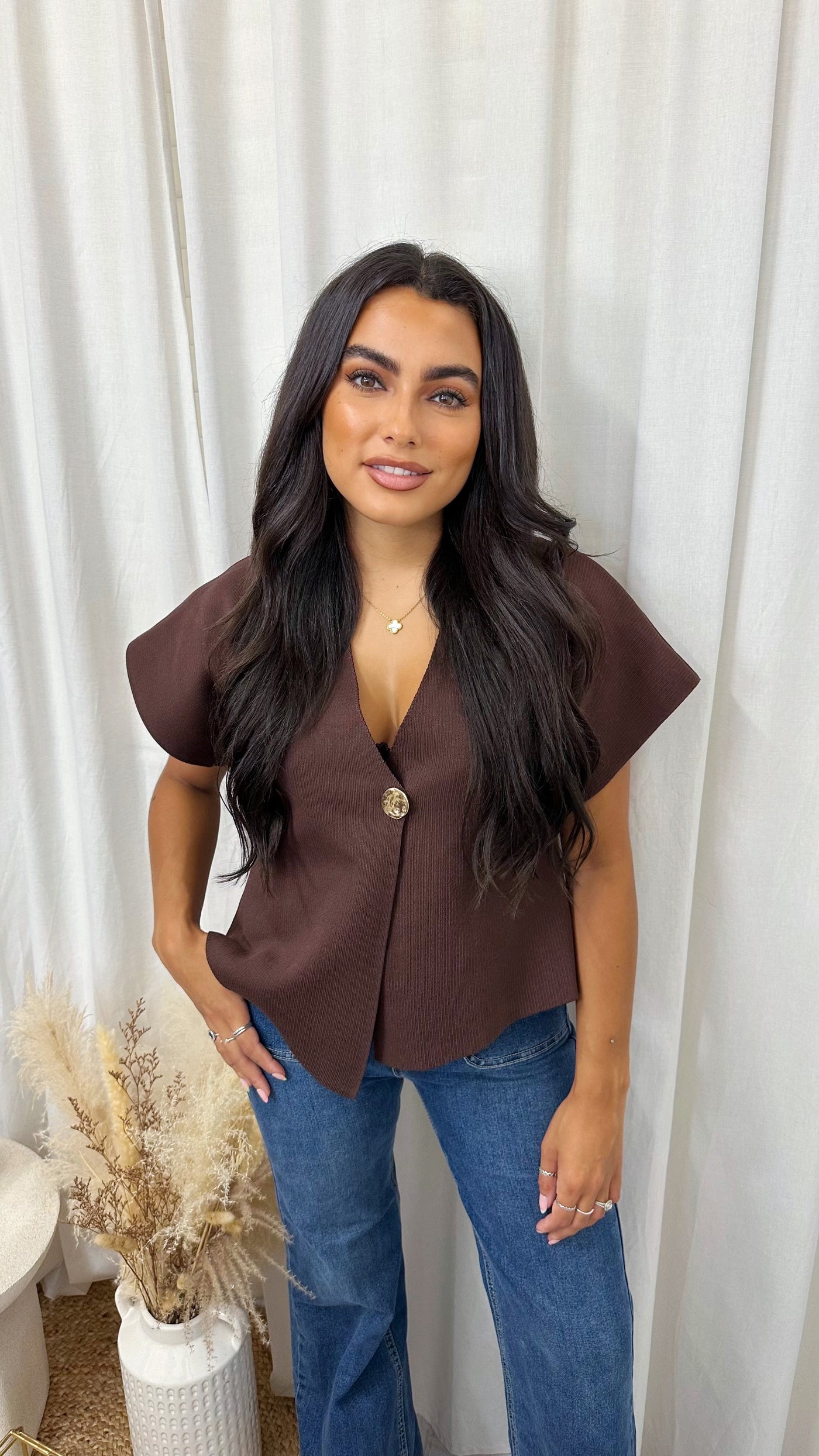 Gold Centre Button Waistcoat - BROWN