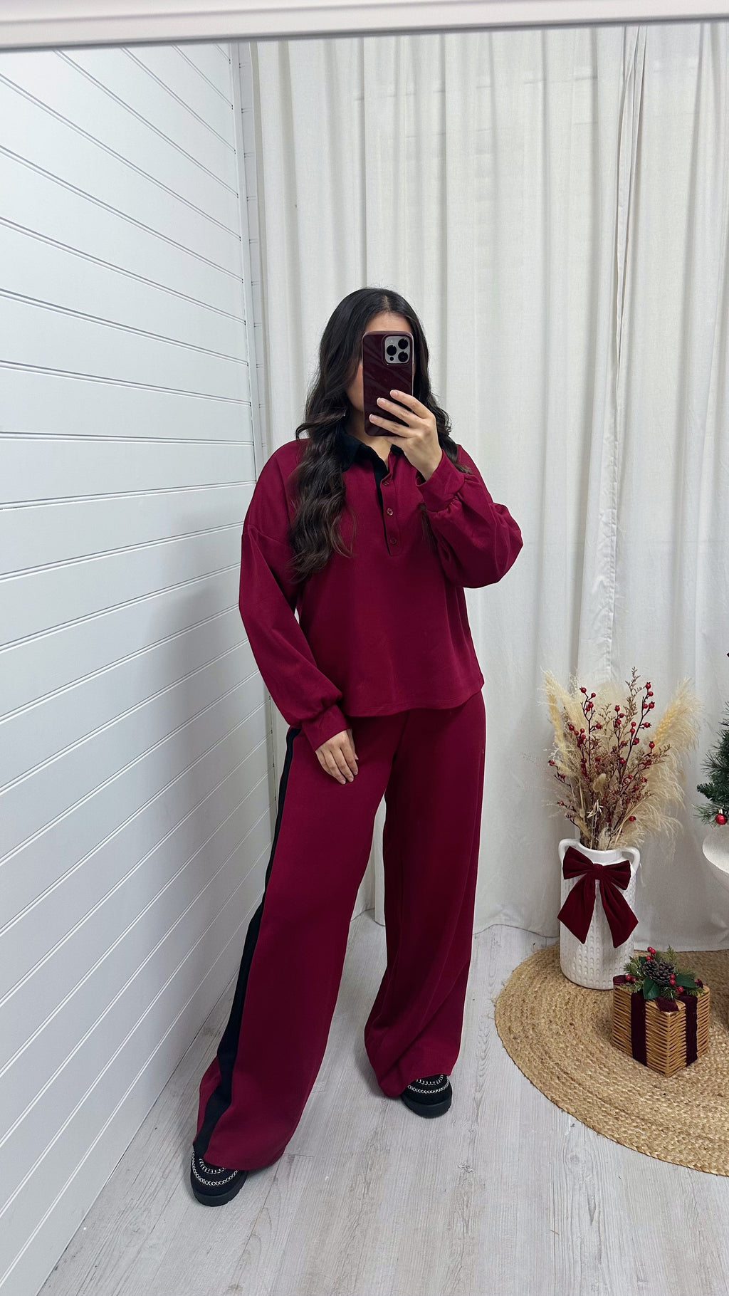 Contrast Collared Shirt and Wide Leg Joggers Co-Ord - WINE