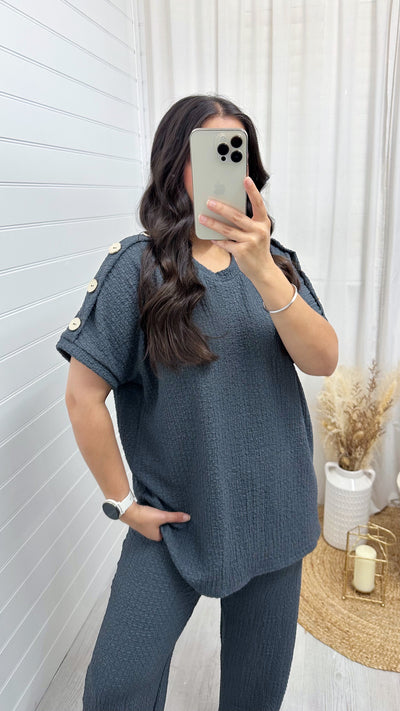 Cheesecloth Gold Button T-Shirt and Trousers Co-Ord - CHARCOAL