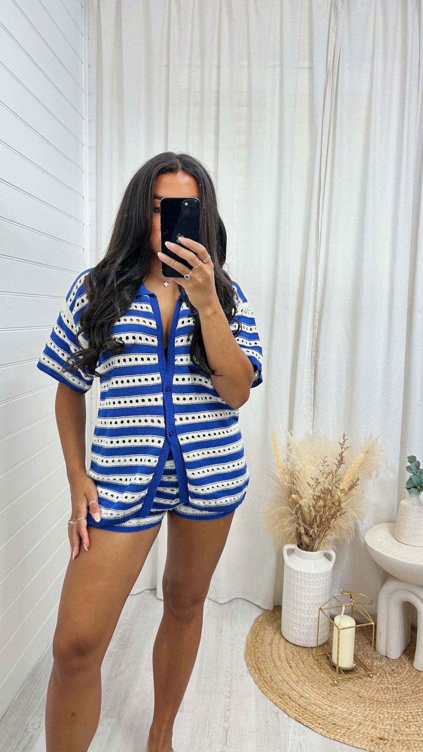 Stripey Knitted Cardigan and Mini Shorts Co-Ord - BLUE