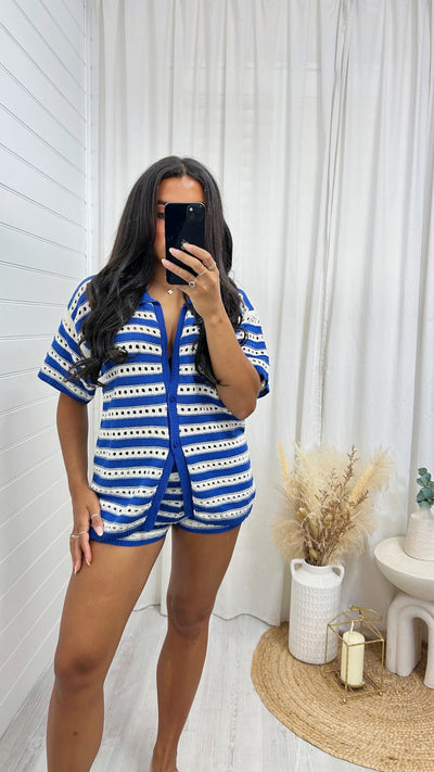Stripey Knitted Cardigan and Mini Shorts Co-Ord - BLUE