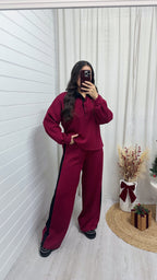 Contrast Collared Shirt and Wide Leg Joggers Co-Ord - WINE