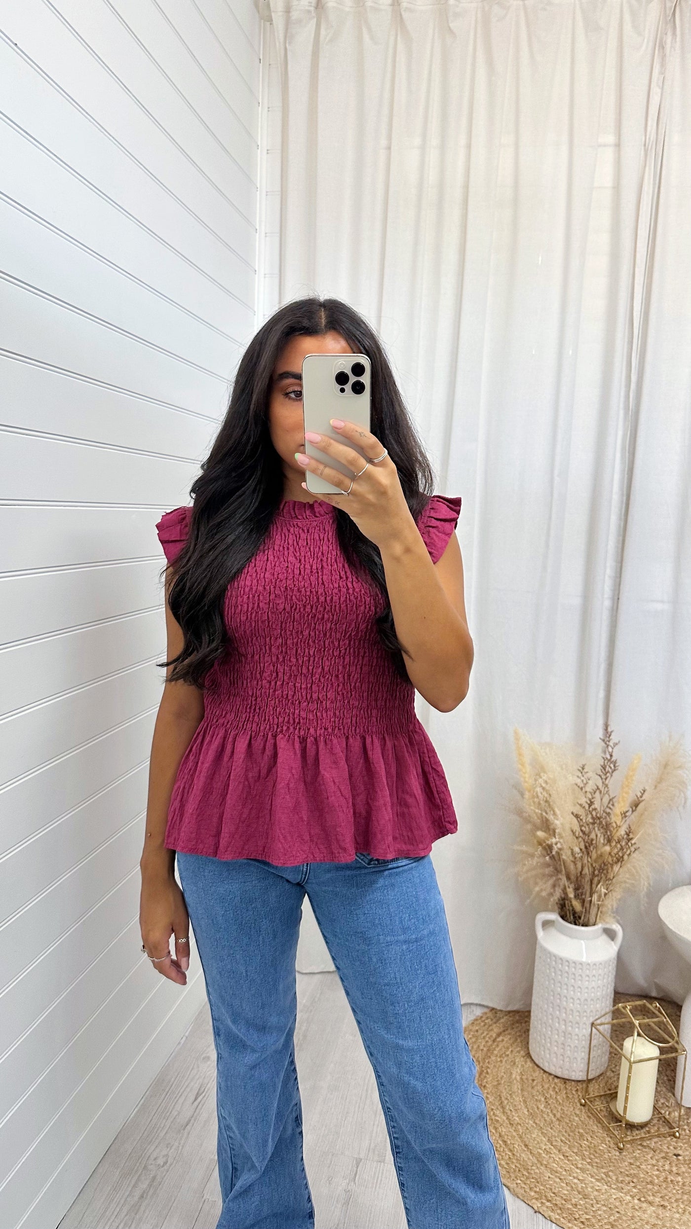 Shirred Peplum Vest Top - WINE