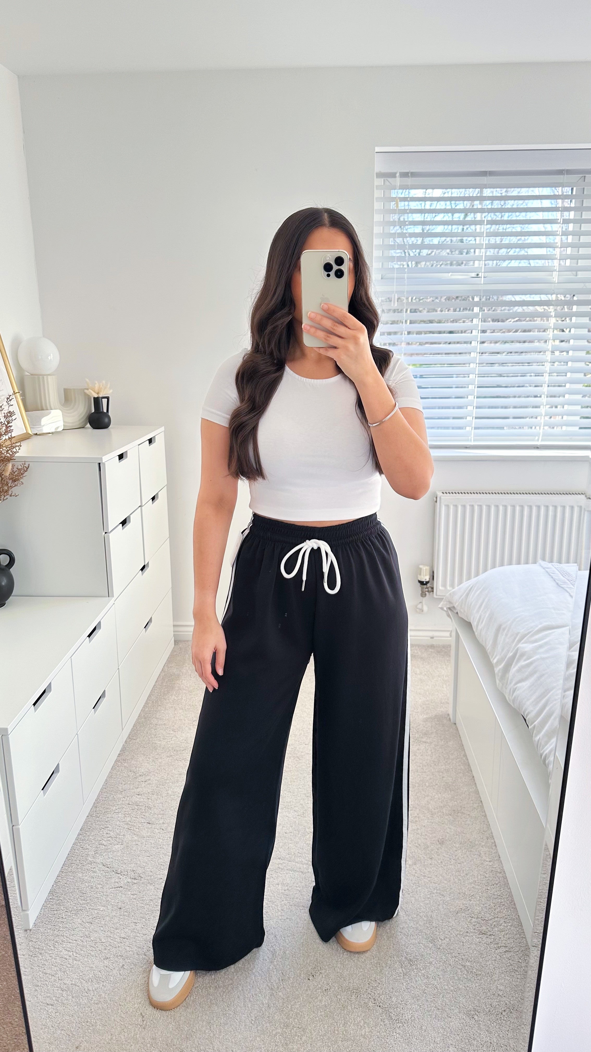 Side Stripe Wide Leg Joggers - BLACK