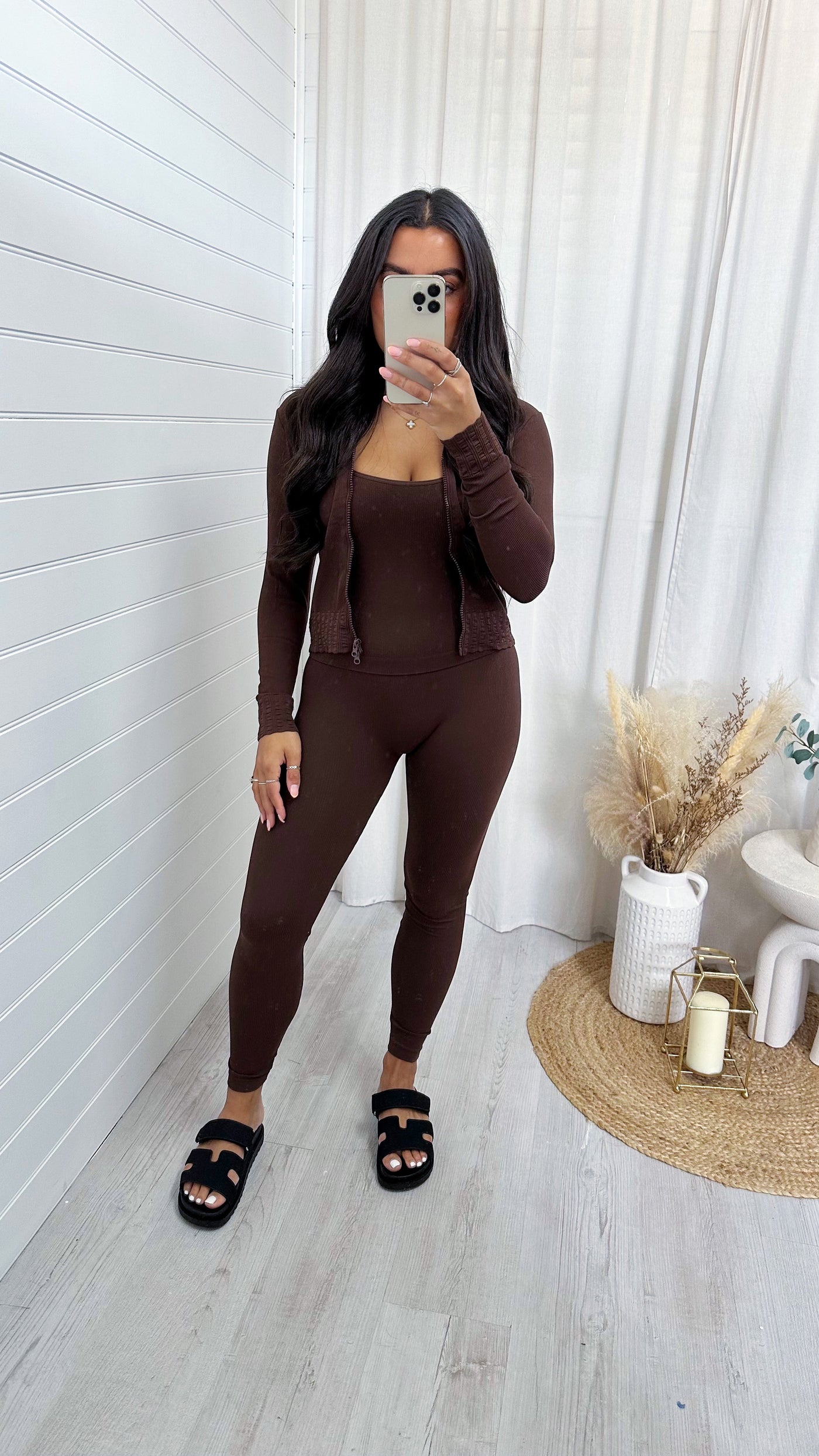 3 Piece Jacket, Crop Top and Leggings Active Set - BROWN