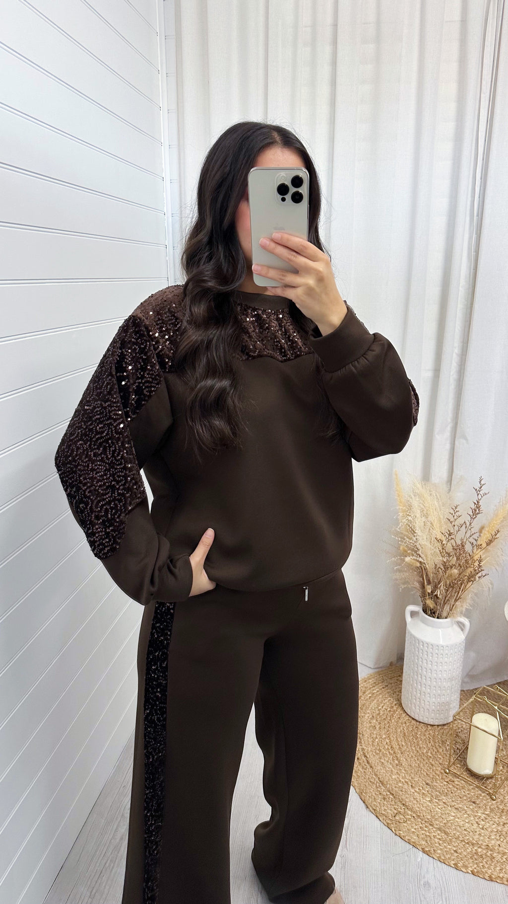 Sequin Sleeve Sweatshirt and Joggers Tracksuit - BROWN