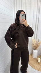 Sequin Sleeve Sweatshirt and Joggers Tracksuit - BROWN