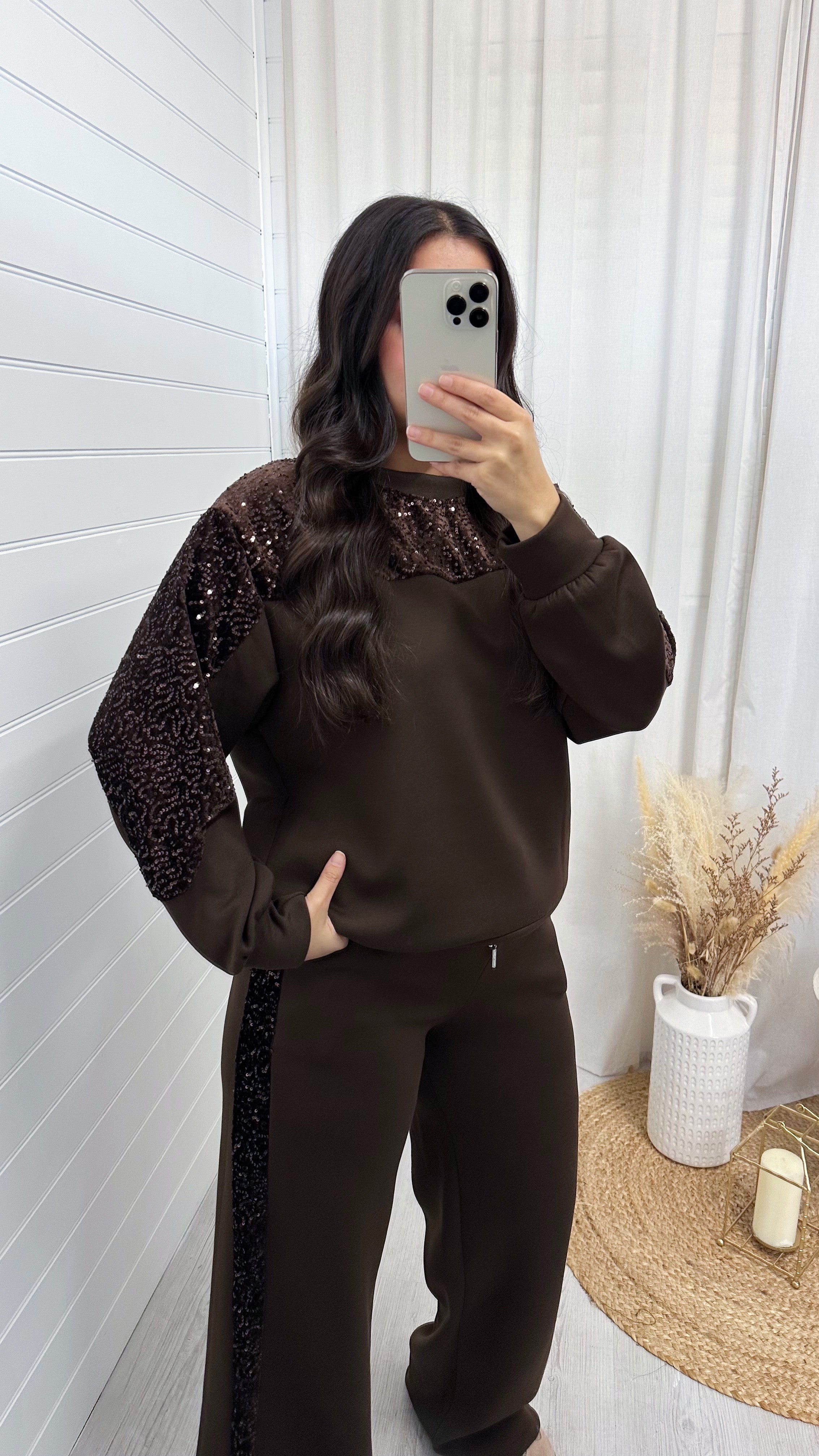 Sequin Sleeve Sweatshirt and Joggers Tracksuit - BROWN