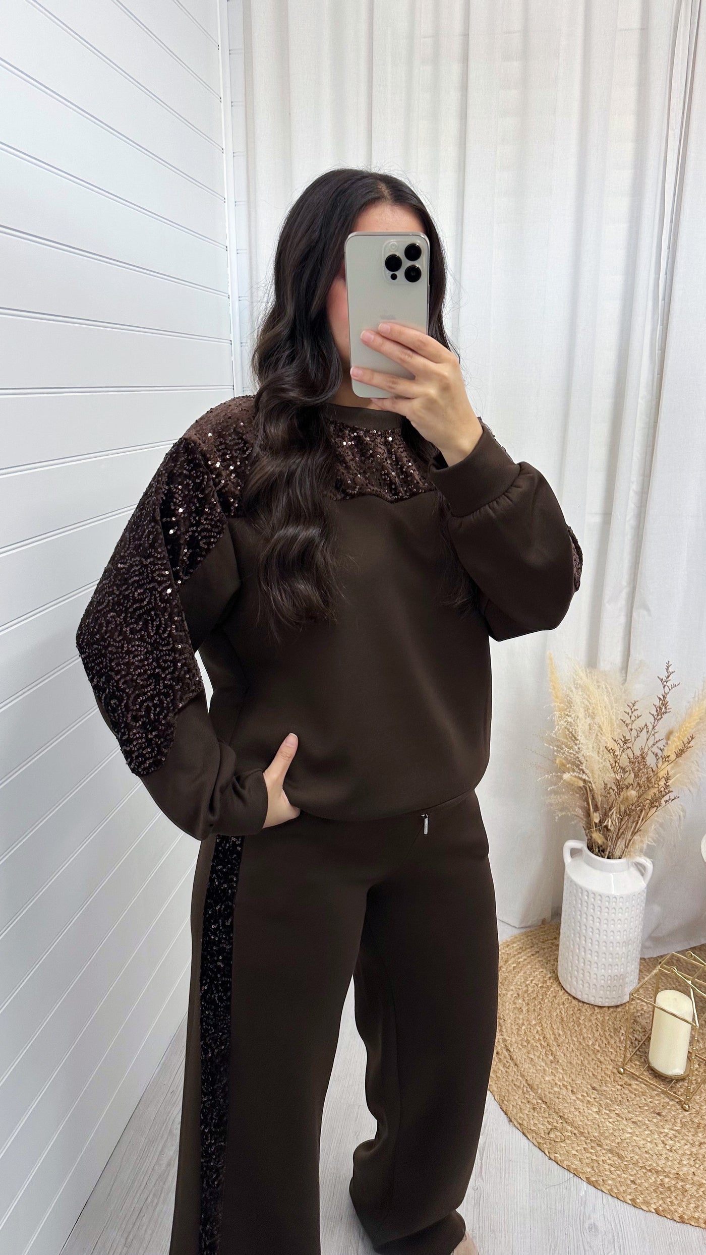 Sequin Sleeve Sweatshirt and Joggers Tracksuit - BROWN