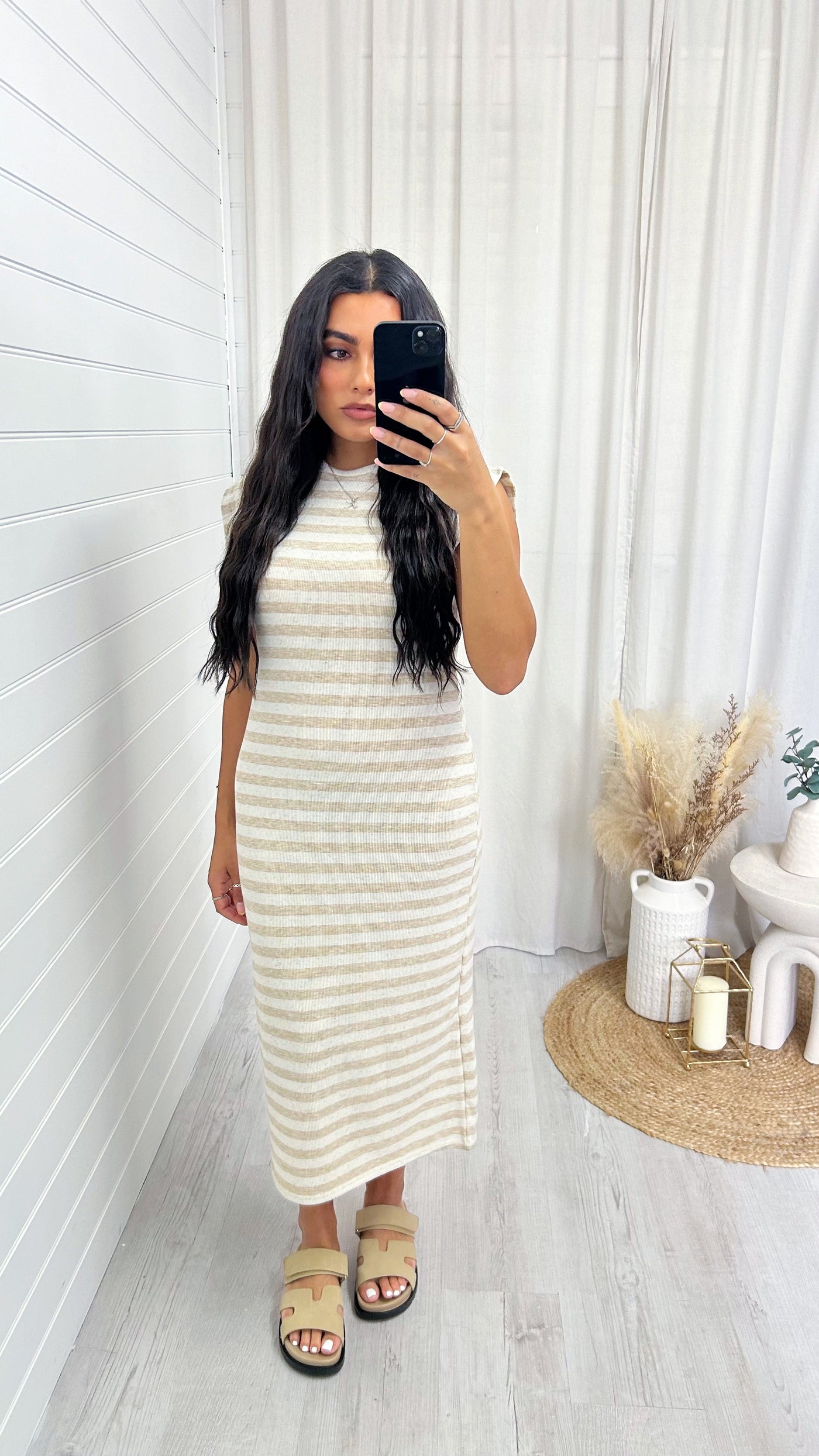 Soft Ribbed Sleeveless Midi Dress - BEIGE STRIPE