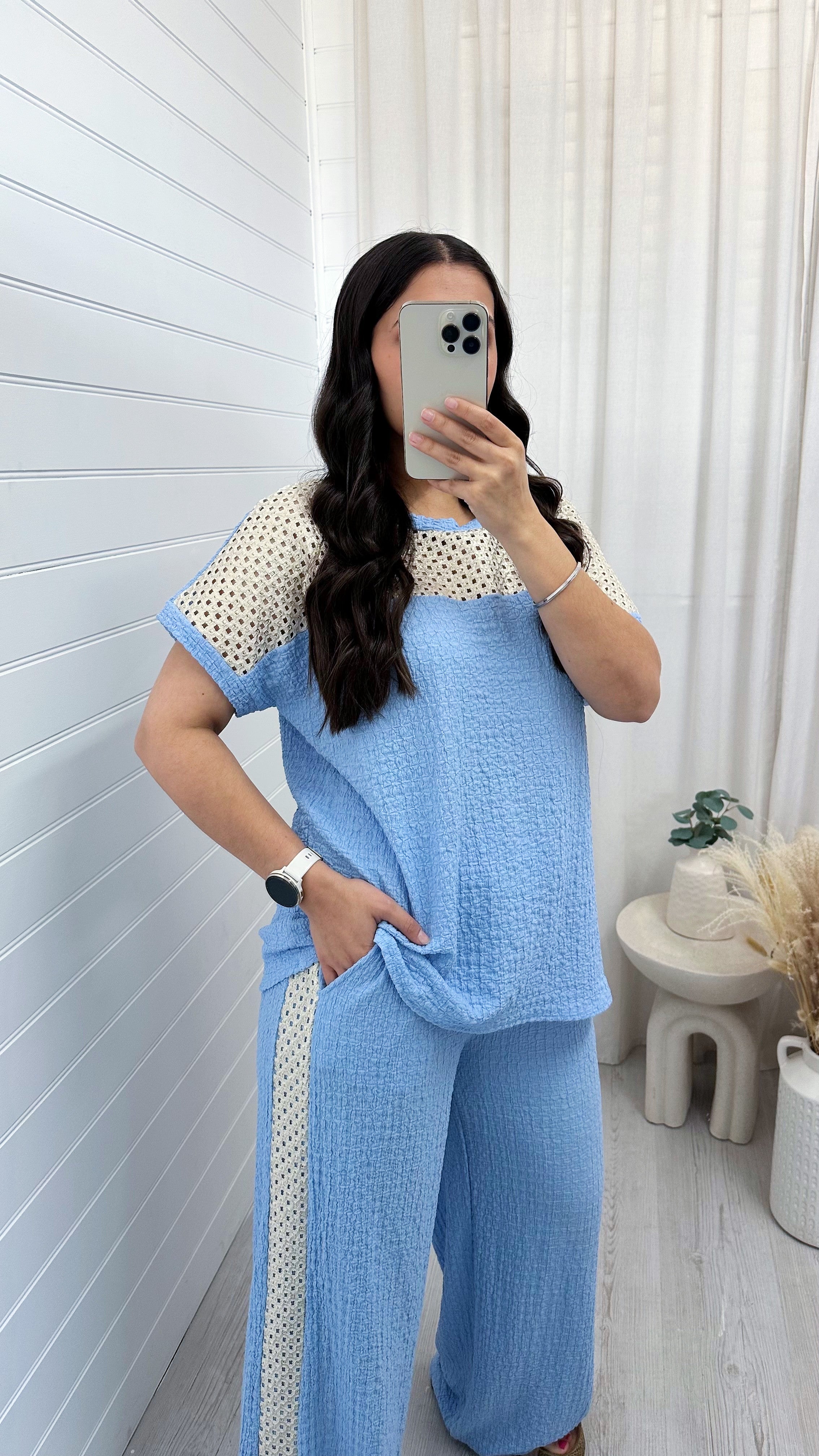 Metallic Mesh T-Shirt and Trouser Co-Ord - BABY BLUE