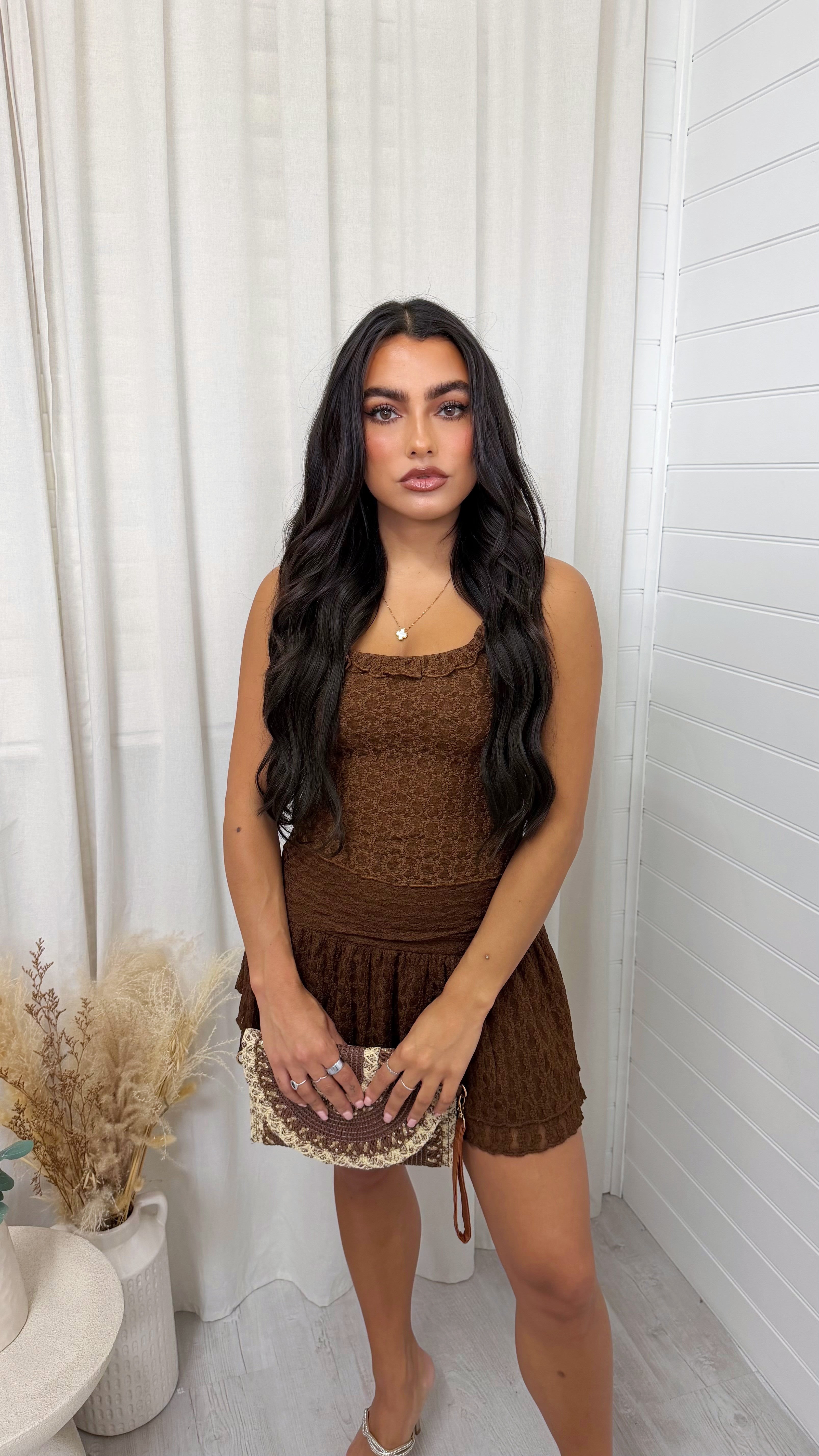 Lace Crop Top and Skirt Co-Ord - BROWN