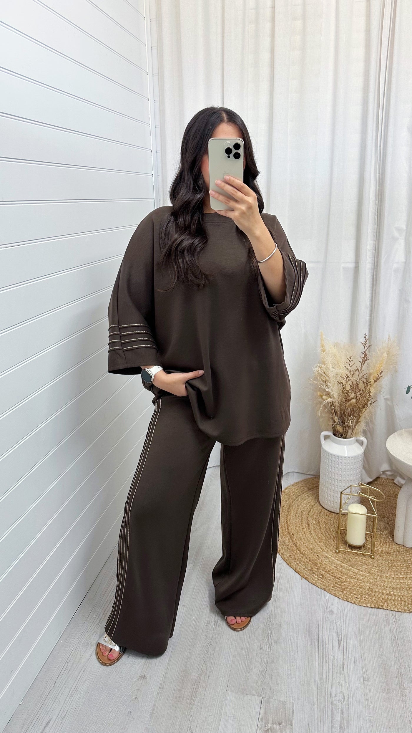 Gold Stripe Oversized Top and Wide Leg Trousers Co-Ord - BROWN