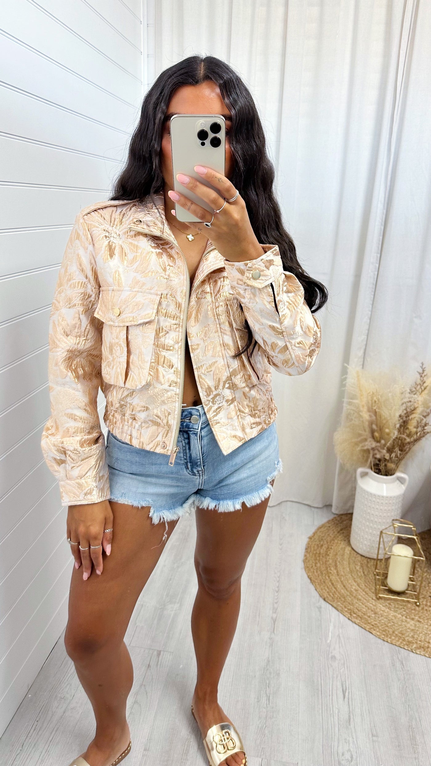 Metallic Jacquard Bomber Jacket - BLUSH PINK
