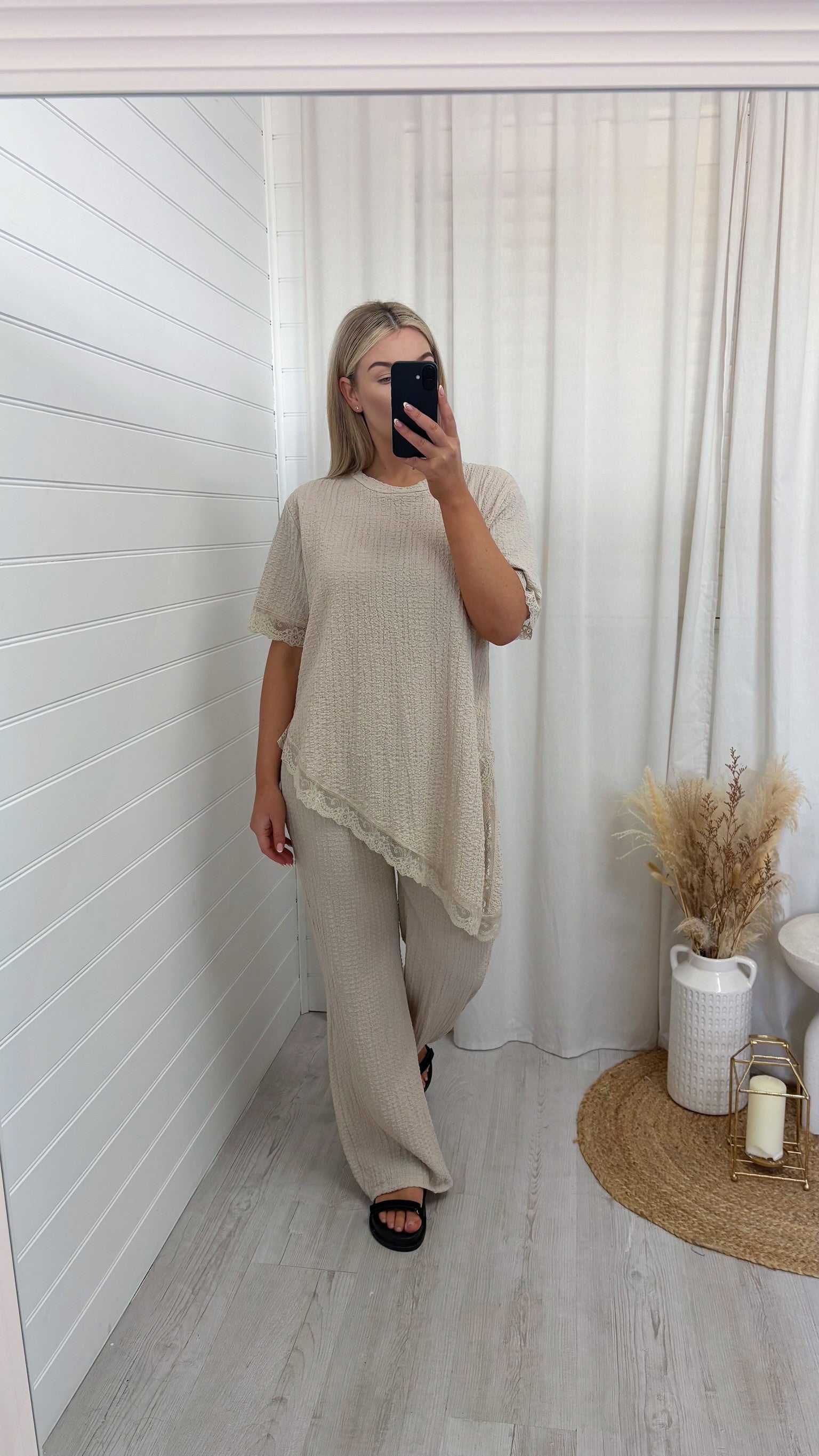 Lace Hem Asymmetric Co-Ord - BEIGE