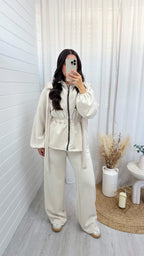 Bow Shoulder Cinched Jacket and Straight Leg Joggers Tracksuit - CREAM