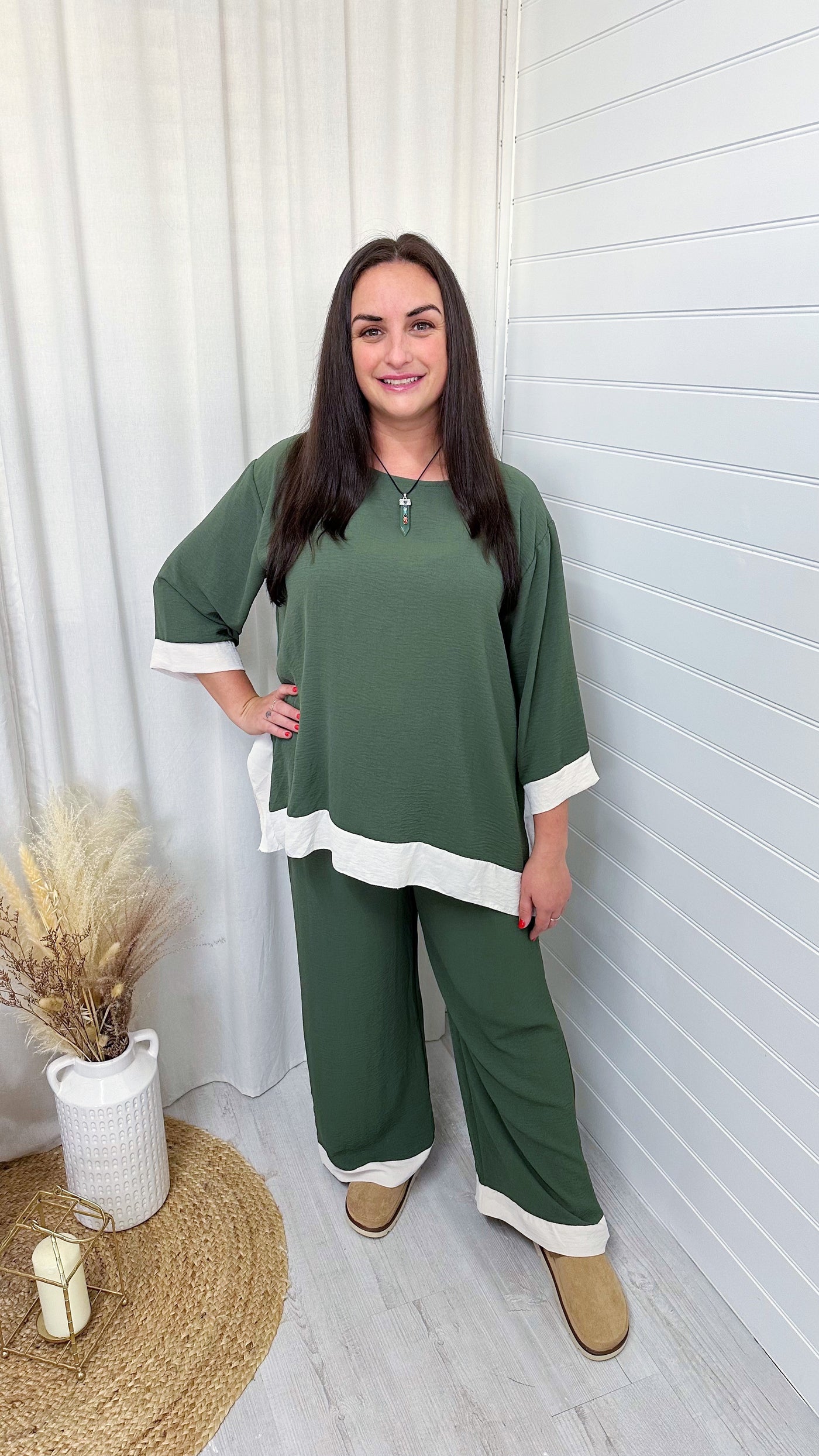 Block Trim Top and Trouser Co-Ord - KHAKI