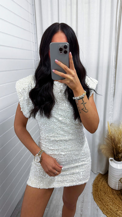 Cap Sleeve Shoulder Padded Velvet Sequin Dress - WHITE