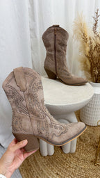 Rhinestone Suede Cowboy Boots - TAUPE