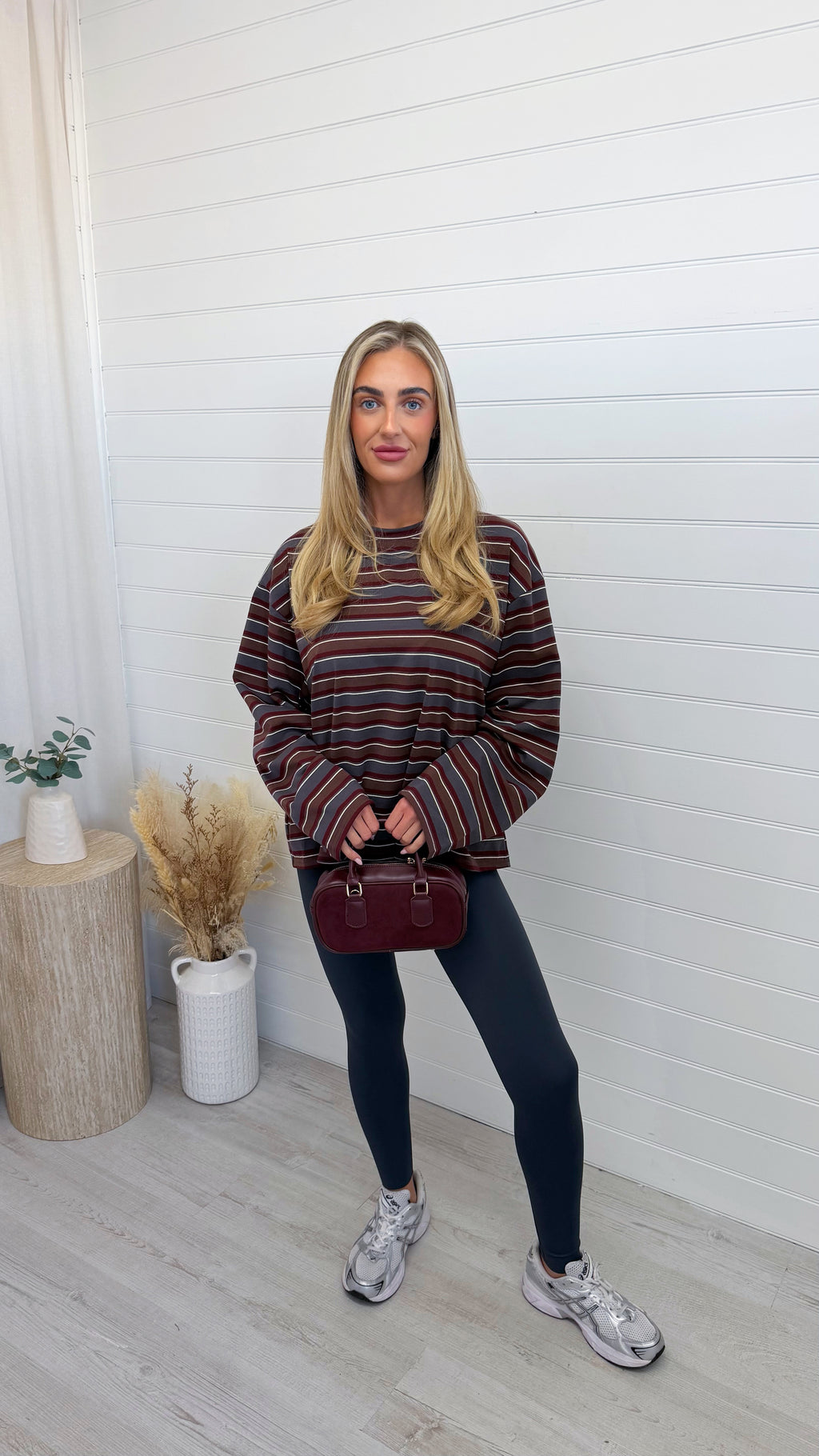 Relaxed Long Sleeve Stripe T-Shirt - BURGUNDY/SLATE
