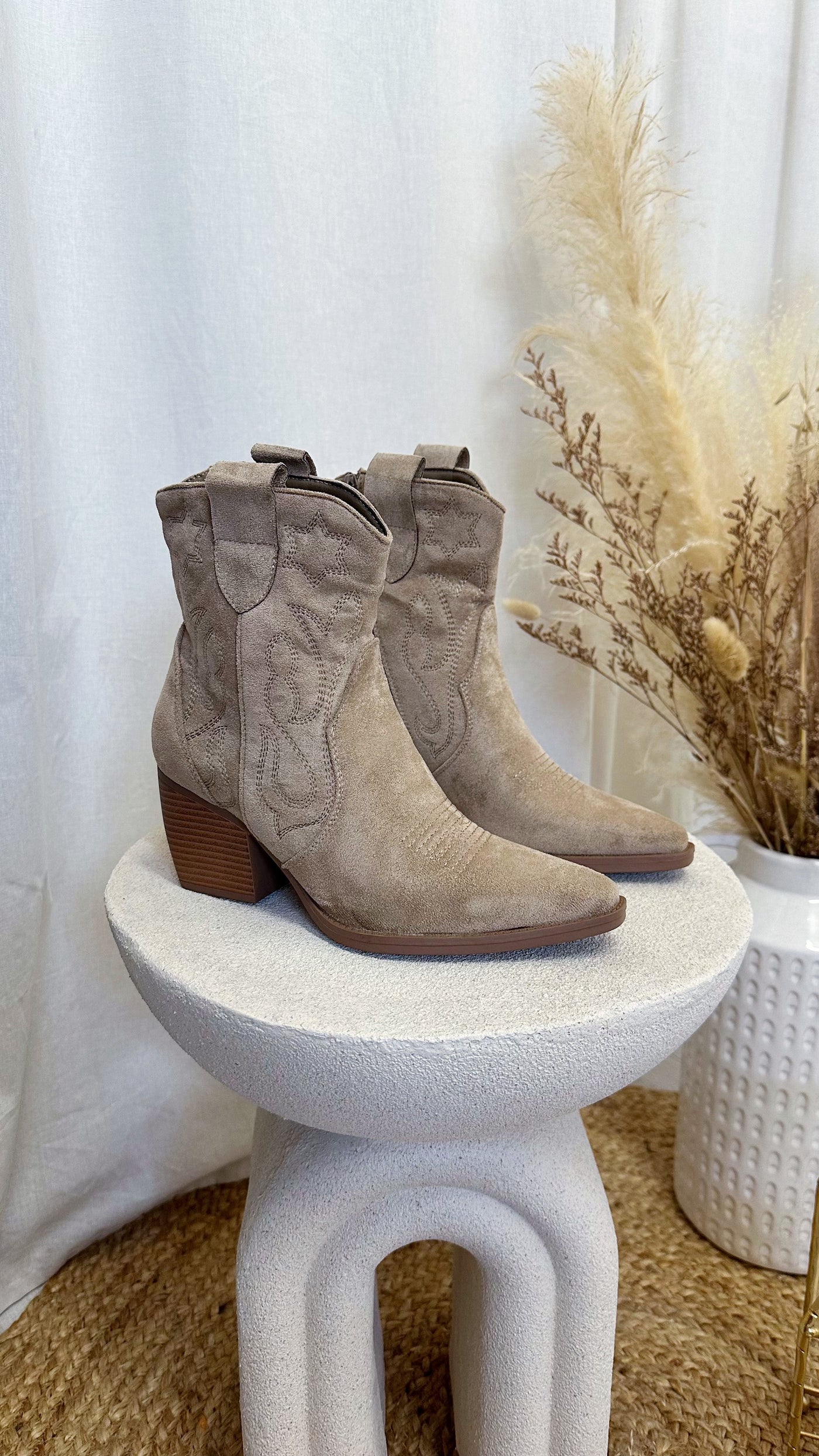 Embroidered Suede Ankle Length Cowboy Boots - TAUPE